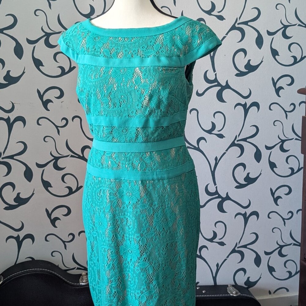 Adrianna Papell Turquoise Lace Sheath Dress